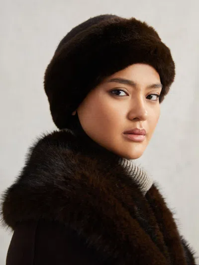 Reiss Chocolate Faux Fur Hat In Brown