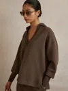 Reiss Chocolate Interlock Open-collar Sweatshirt In Brown