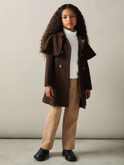 Reiss Chocolate Karlie 4-9 Yrs Double Breasted Cape Coat With Wool