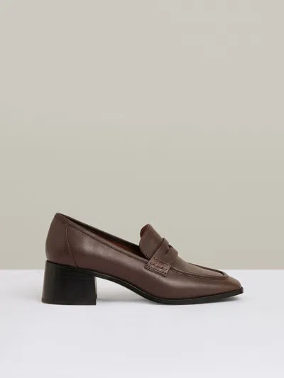 Reiss Chocolate Leather Block-heel Penny Loafers In Brown