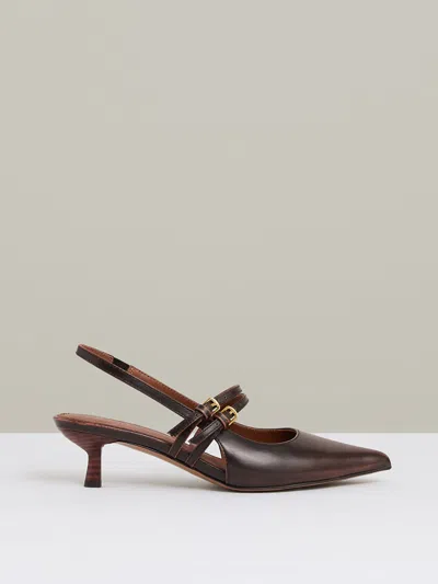 Reiss Chocolate Leather Slingback Buckle Court Shoes In Brown