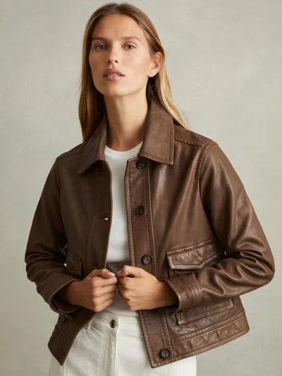 REISS REISS CHOCOLATE HANSON LEATHER TRUCKER JACKET