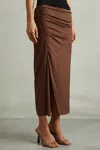 Reiss Chocolate Ruched Front Split Midi Skirt In Chocolate