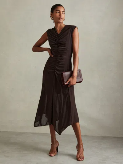 Reiss Chocolate Mesh Ruched Midi Dress In Brown
