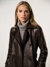 Reiss Chocolate Petite Leather Double-breasted Trench Coat In Brown