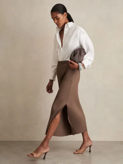 REISS CHOCOLATE PLEATED JERSEY MIDI SKIRT