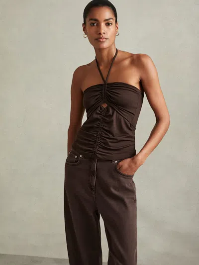 Reiss Chocolate Ruched Halterneck Top