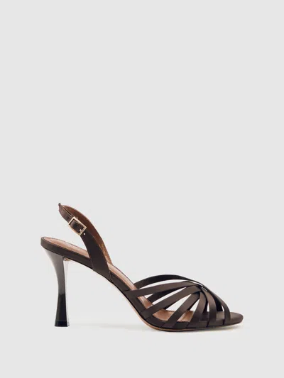 Reiss Chocolate Satin Cross-strap Heeled Sandals In Brown