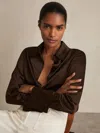 Reiss Chocolate Silk Double-cuff Button-through Shirt In Brown