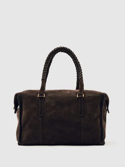 Reiss Chocolate Suede Braided-strap Bowling Bag In Brown