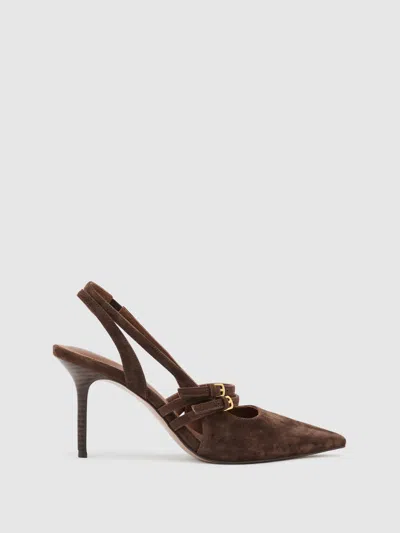 Reiss Chocolate Suede Buckle-strap Court Shoes In Brown