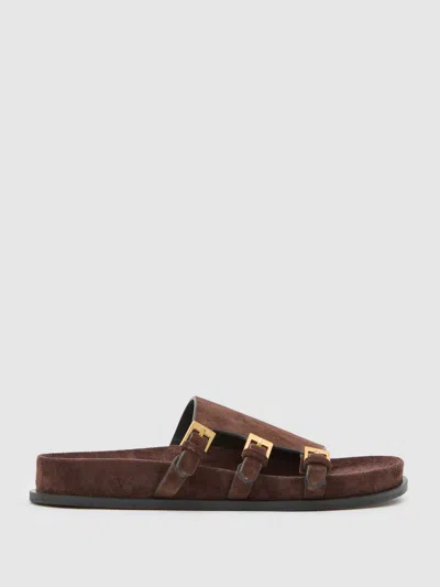 Reiss Chocolate Suede Buckle-strap Slip-on Sandals In Brown