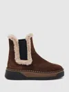 Reiss Chocolate Suede Faux Fur-trim Ankle Boots In Brown