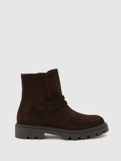 Reiss Chocolate Suede Loafer Ankle Boots In Brown