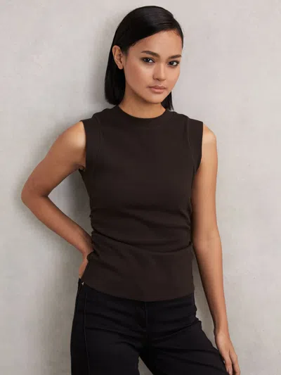 Reiss Chocolate Trudy Fine-rib Ruched Vest Top