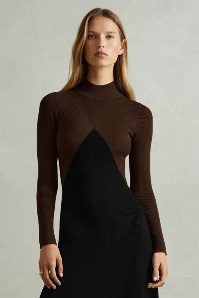 Reiss Chocolate/black Hope Petite Colourblock Ribbed Midi Dress