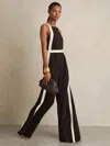 Reiss Chocolate/cream Colourblock Wide Leg Belted Jumpsuit In Brown