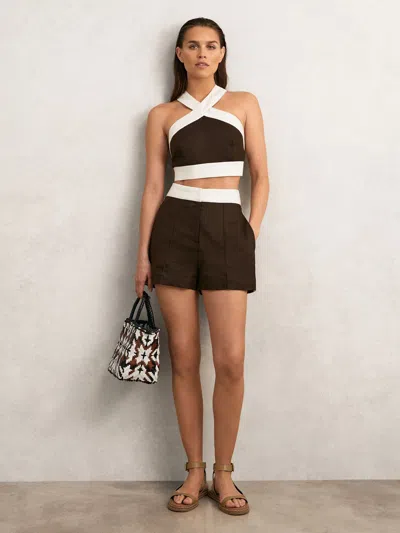 Reiss Chocolate/cream Linen Colourblock Shorts In Multi