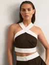 Reiss Chocolate/cream Linen Halterneck Cropped Top In Multi