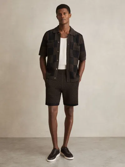 Reiss Chocolate/navy Butler Cotton-blend Crochet Shorts In Brown