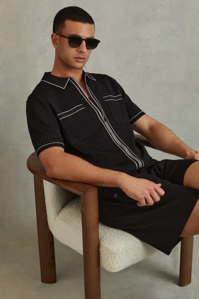 Reiss Black Christophe Ribbed Dual Zip-front Shirt