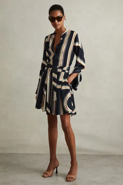 Reiss Navy Geometric Print Belted Mini Dress