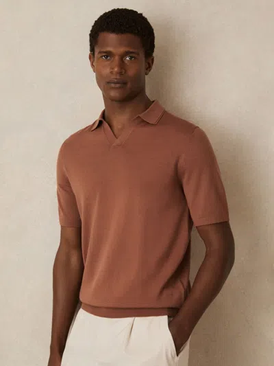 Reiss Cinnamon Brown Merino Wool Open-collar Polo Shirt