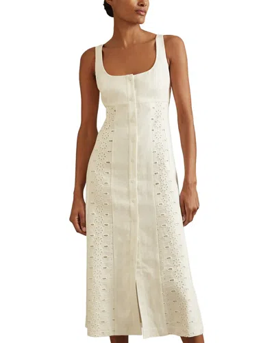 Reiss Clarice Broderie Detail Linen Midi Dress In White