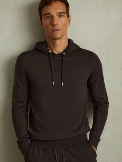 Reiss Coco Brown Merino Wool Drawstring Hoodie