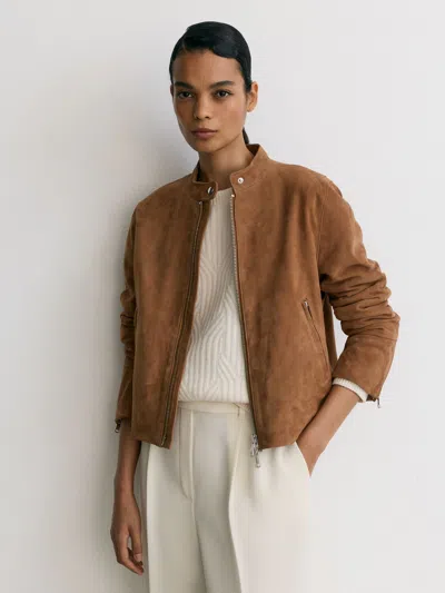 Reiss Cognac Brown Suede Stand-collar Jacket