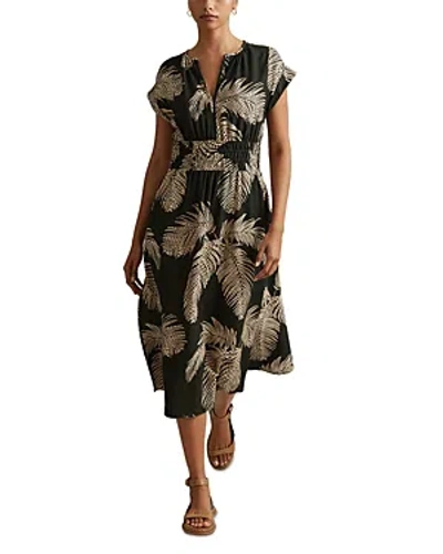 Reiss Colby - Khaki Tropical Print Elasticated Waist Midi Dress, Us 6