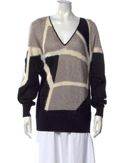 Pre-owned Reiss Colorblock Pattern V-neck Sweater In Black