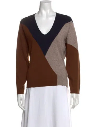 Pre-owned Reiss Colorblock Pattern V-neck Sweater In Brown