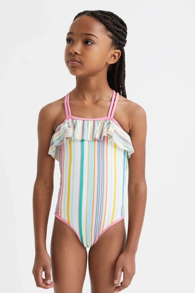 Reiss Kids' Cora - Multi Junior Striped Frilly Cross-back Swimsuit, Age 6-7 Years