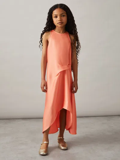 Reiss Kids' Coral 4-9 Yrs Satin Drape Tuck Midi Dress In Pink