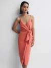 Reiss Coral Linen Side Tie Midi Dress In Orange