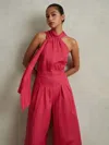 Reiss Coral Linen Blend Drape Jumpsuit In Orange