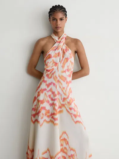 Reiss Coral Orange Printed Halterneck Maxi Dress In Multi