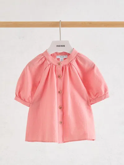 Reiss Kids'  Coral Pink Cleo 9-13 Yrs Cotton-linen Puff-sleeve Shirt