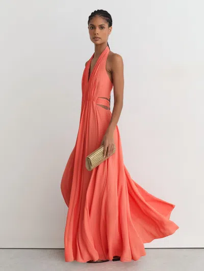 Reiss Coral Pink Halterneck Pleated Maxi Dress
