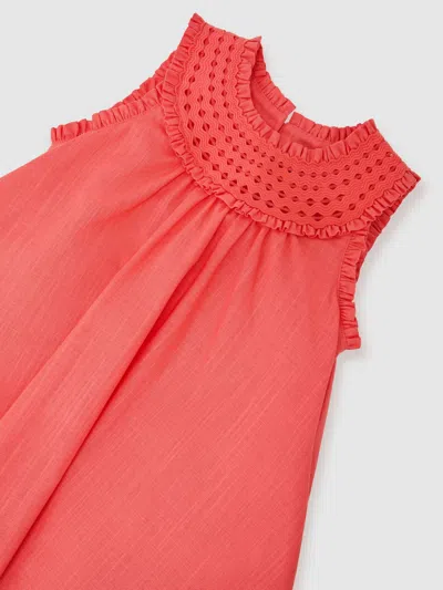 Reiss Kids'  Coral Pink Larna 13-14 Yrs Cotton Cutwork-embroidery Swing Dress In Red