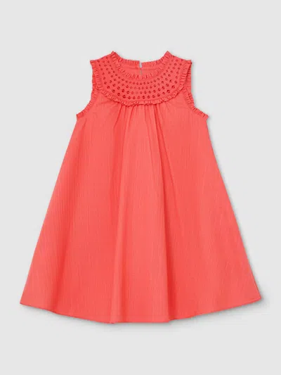 Reiss Kids'  Coral Pink Larna 3-9 Yrs Cotton Cutwork-embroidery Swing Dress In Orange