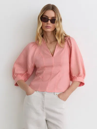 Reiss Coral Pink Linen Balloon-sleeve Top