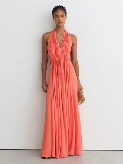 Reiss Coral Pink Petite Halterneck Pleated Maxi Dress