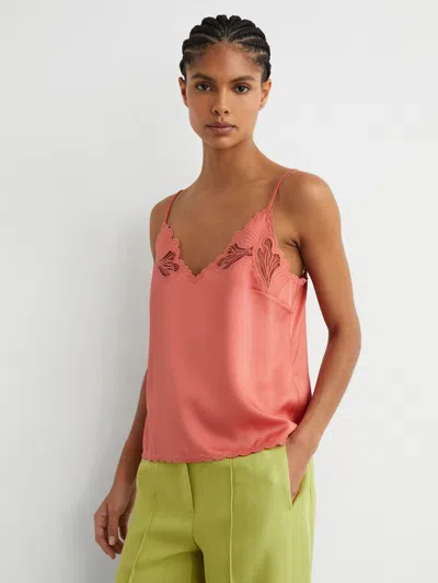 Reiss Coral Pink Satin Lace-detail Cami Top