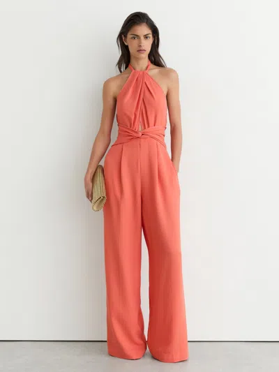 Reiss Coral Pink Twist-front Halterneck Wide-leg Jumpsuit In Orange