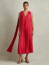Reiss Coral Pleated Cape Sleeve Midi Dress In Red
