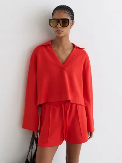 Reiss Coral Red Premium Interlock Open-collar Sweatshirt