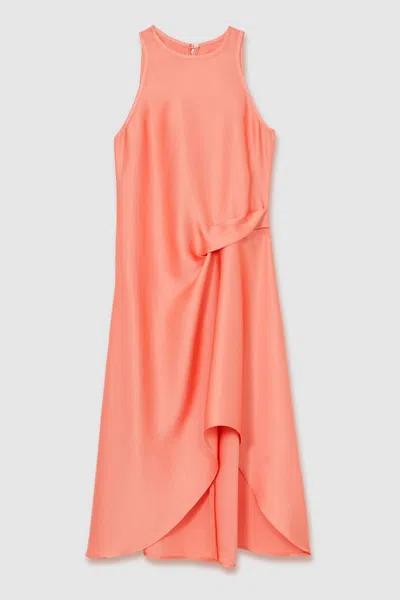 Reiss Coral Satin Drape Tuck Midi Dress