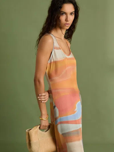 Reiss Coral Sunset Print Sleeveless Slip Dress In Brown